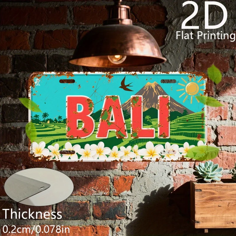 HD Aluminum Print, Vintage Bali Indonesia Volcano Rice Terrace Frangipani Flower License Plate Style Wall Art, High Definition B