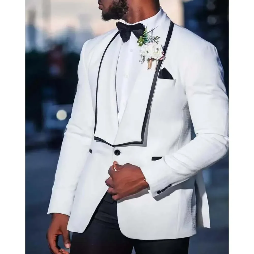 New Design One Button Wedding Suits for Men Shawl Lapel 3 Piece White Blazer Black Vest Pants Set Elegant Groom Outfits Slim Fit