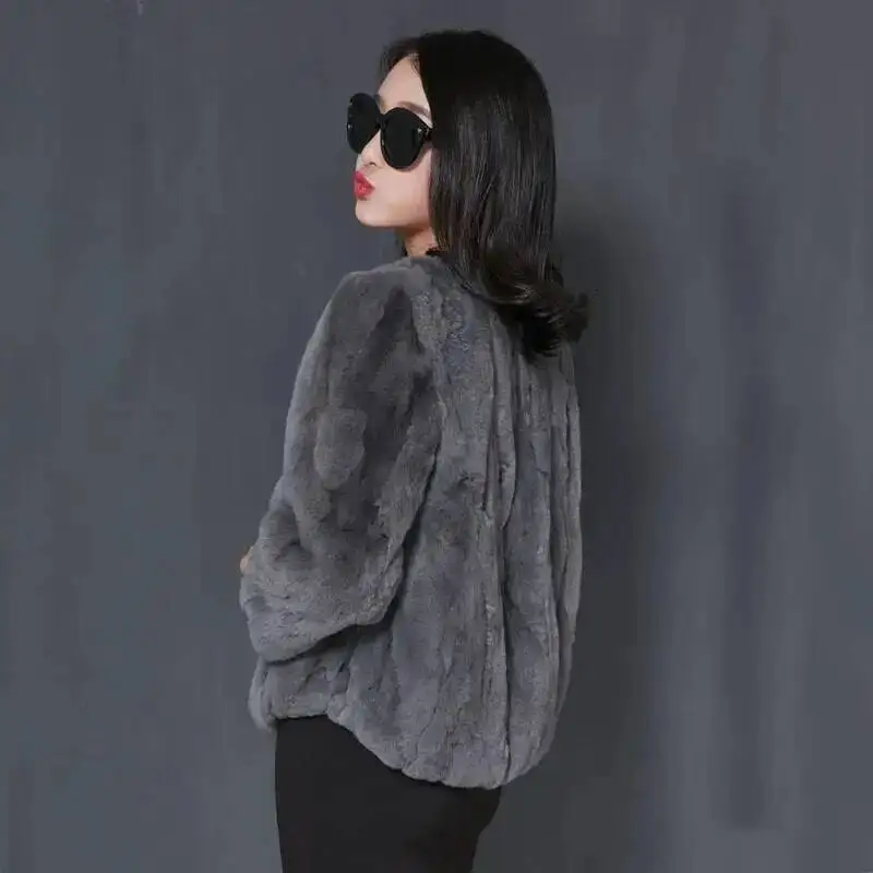 Real Rabbit Fur Coat For Women Winter Fashion Genuine Rex Rabbit Fur Jackets Female Short Style Warm Black Long Sleeve Overcoat