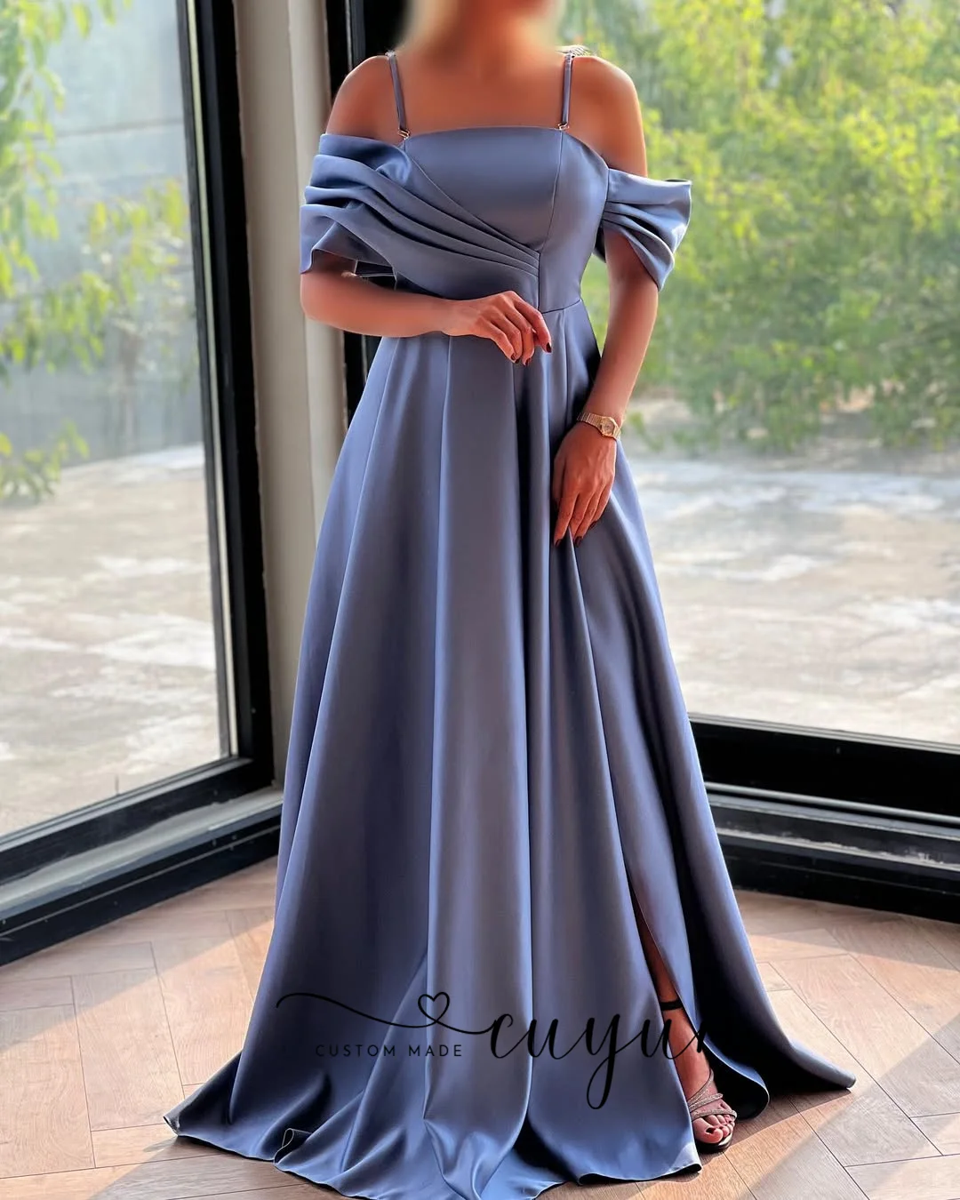 Suknie wieczorowe CUYUN szyte na miarę, długie, w kolorze błękitnym, z odkrytymi ramionami, eleganckie sukienki damskie na wieczór, plisowane, do ziemi, na wesele/przyjęcie.