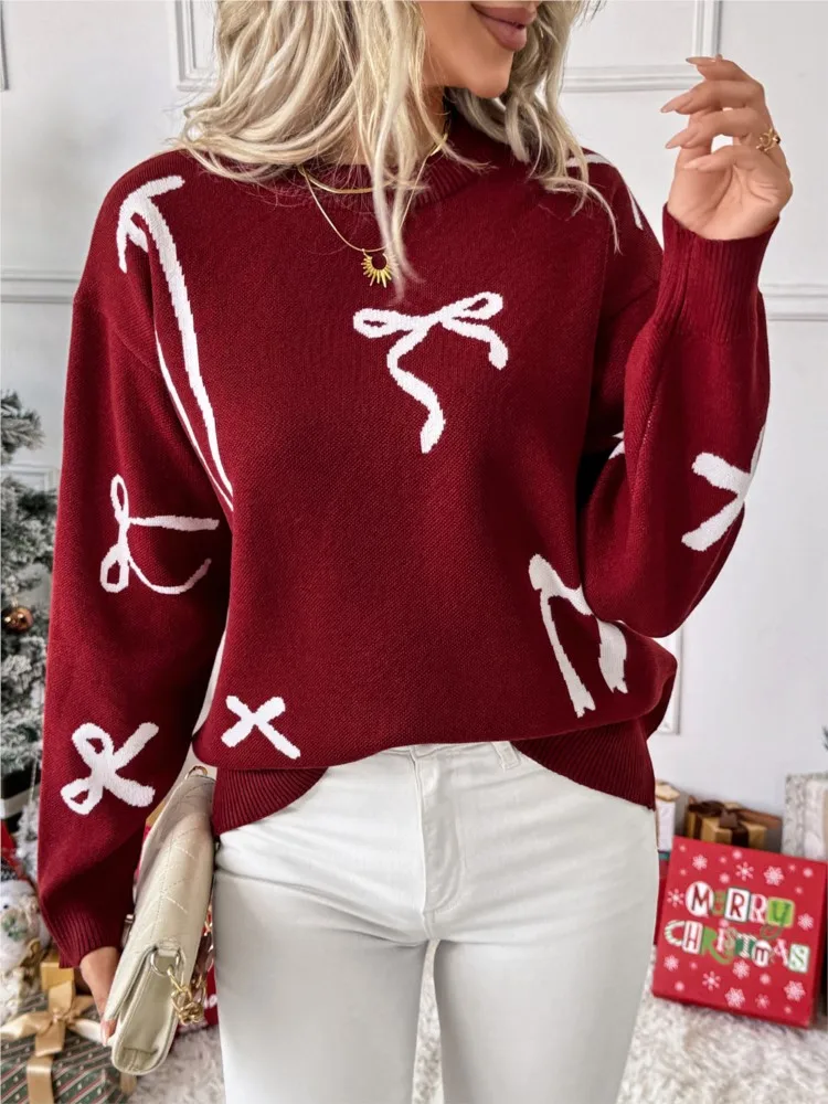 

Christmas Sweet Style Round Neck Bow Jacquard Sweater All-match Loose Simple Style Winter Clothes Woman Pulls Femmes Comfortable