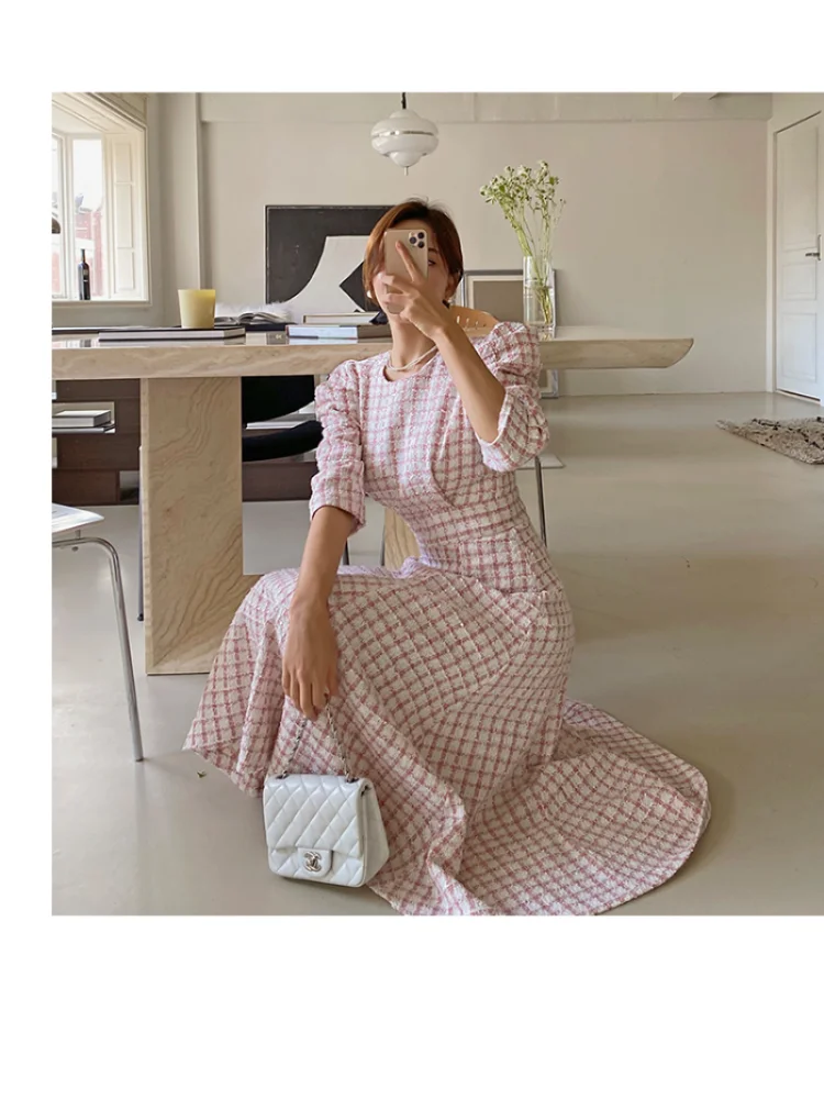 Autumn Winter 2023 O Neck Bird Lattice Tweed Dress for Women French Chic Vintage Elegant Vestidos Slim Waist Puff Sleeve Robes