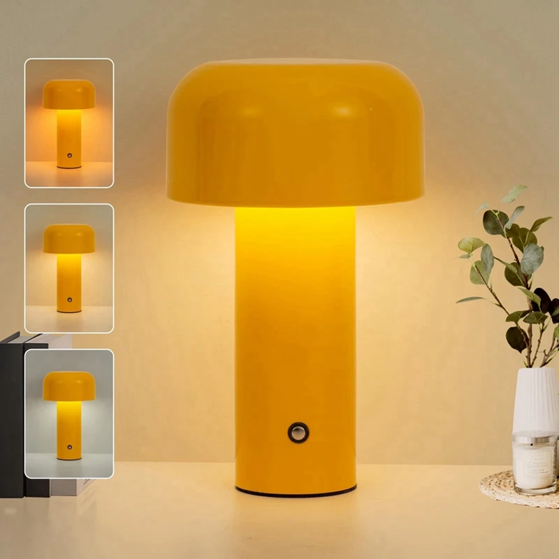 Cordless Mushroom Table Lamp,Rechargeable Operated LED Desk Lamp,3 Color Stepless Dimmable Night Light Bedside Lamp
