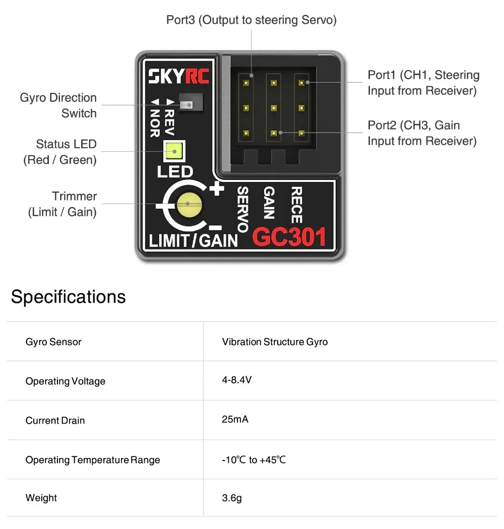 SKYRC GC301 Mini Gyro Sensor 4-8.4V Gyroscope for RC Racing Car Drift Car Steering Output Corrective Integrat Compact SK-600068