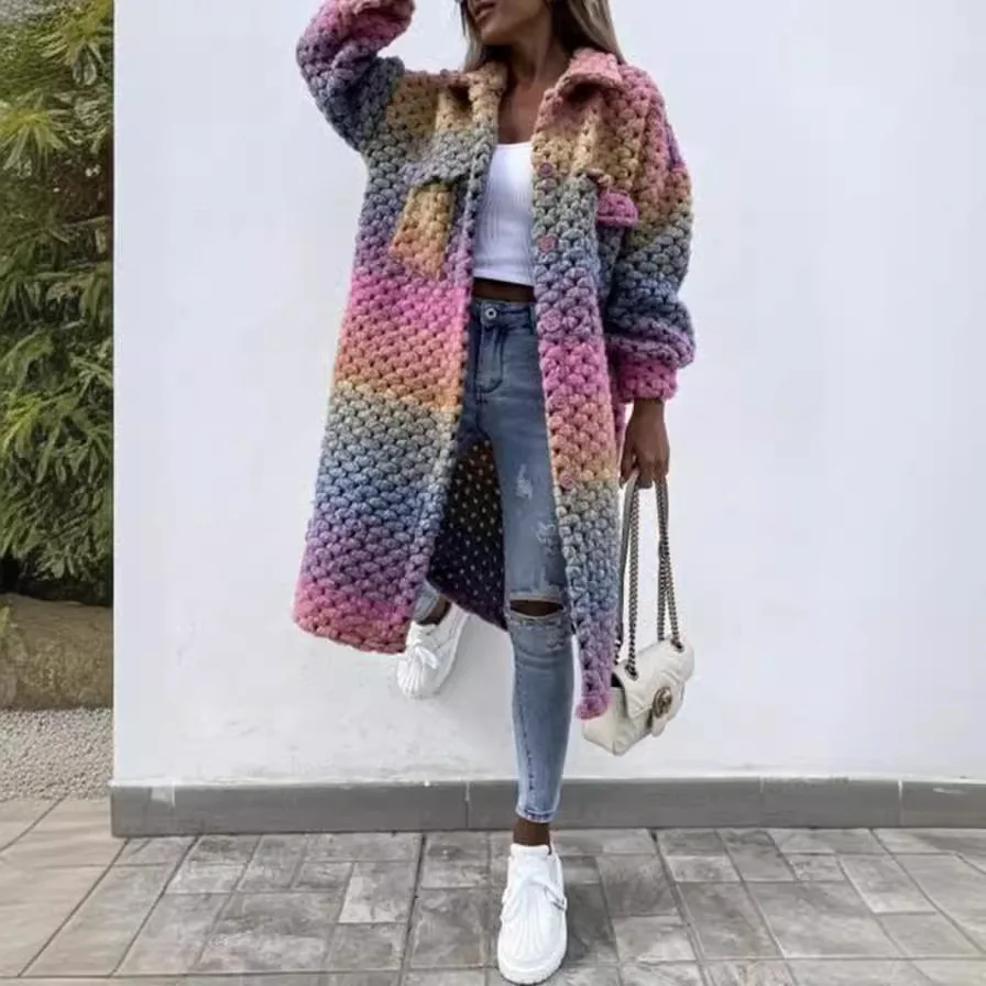 

ins blogger woolen coat autumn and winter European and American style loose lapel breasted plaid trench coat