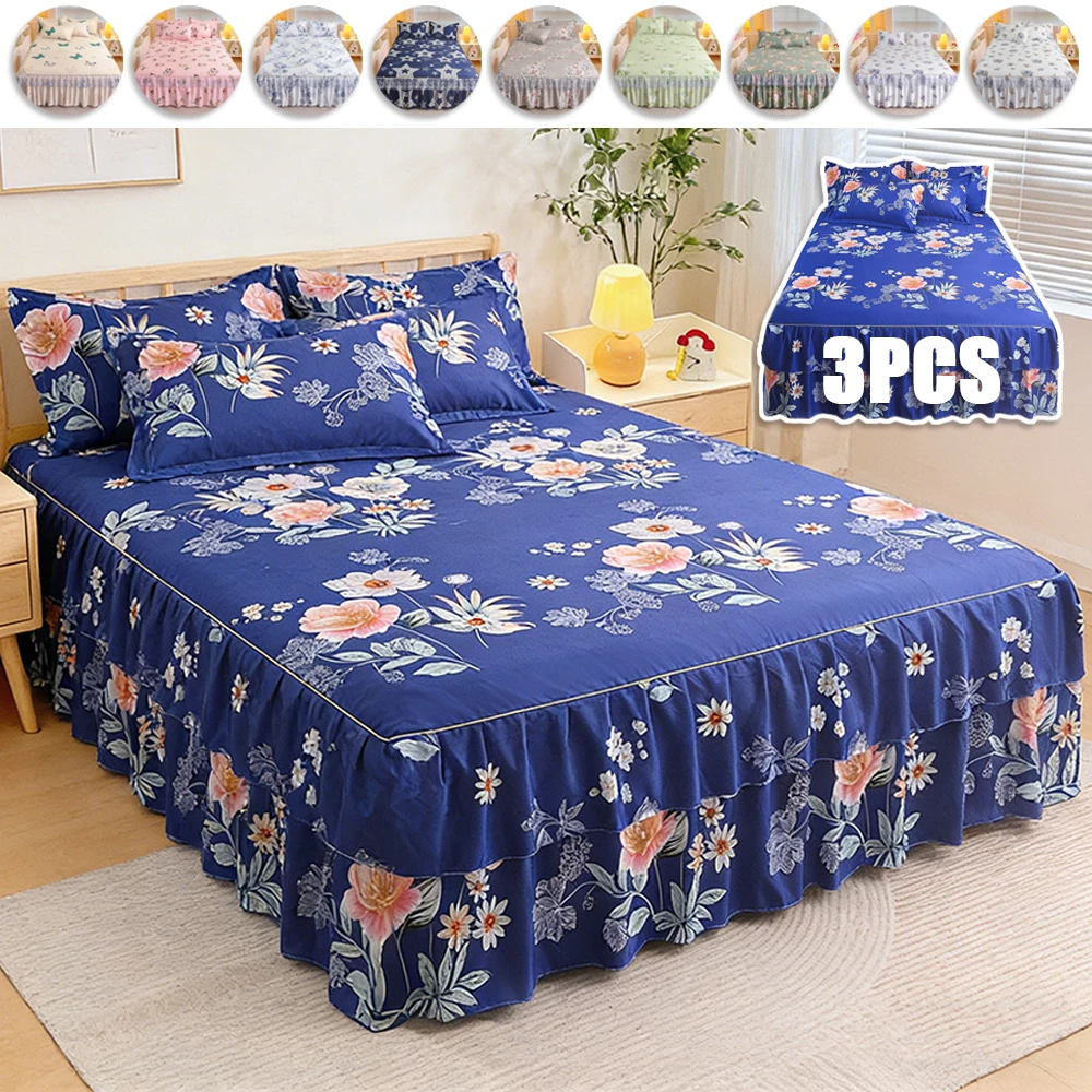 3PCS Nordic Floral Queen Bed Skirt with 2pcs Pillowcase Double Single Mattress Cover Anti-slip Full Size Adjustable Bedspread