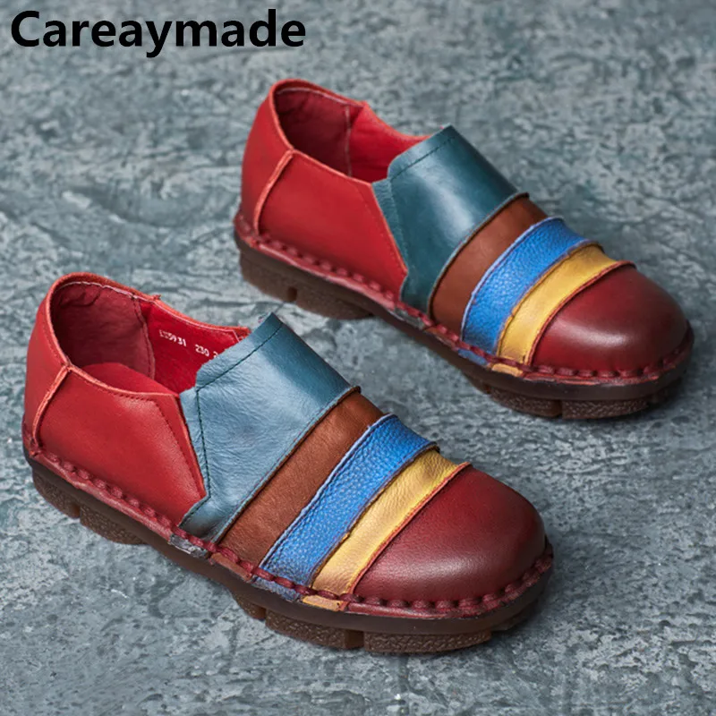 

Careaymade-женская обувь ручной работы из натуральной кожи, этнические лоферы из воловьей кожи с круглым носком, туфли с цветными блоками, повседневные туфли-бобы