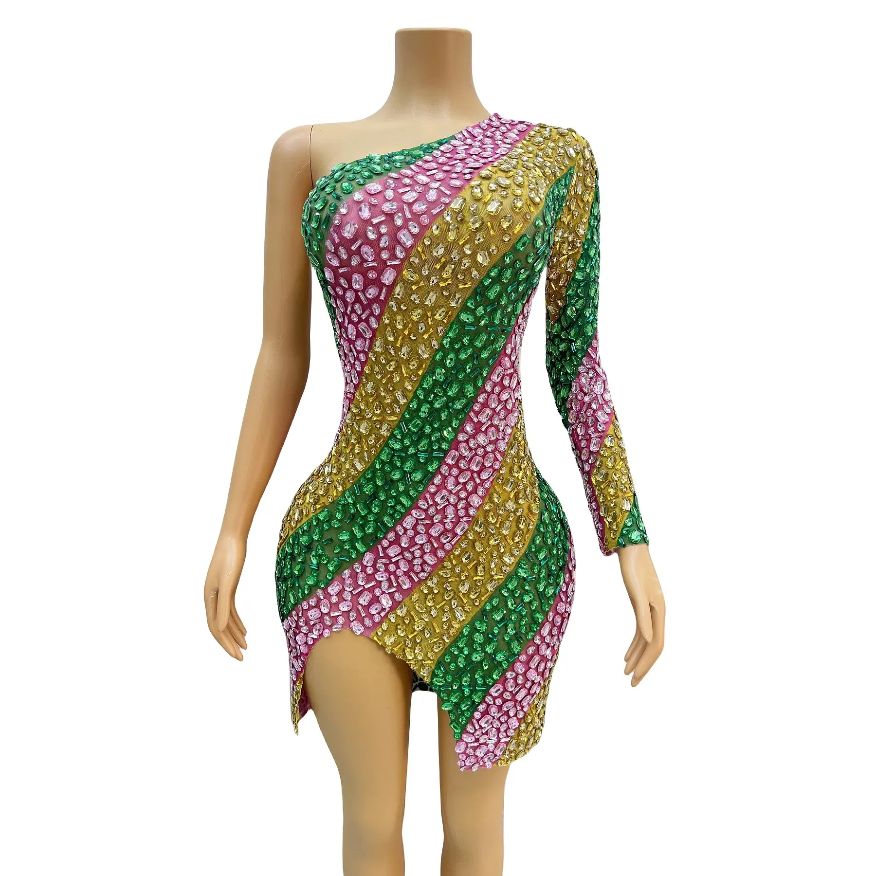 Sexy Colorful Crystals Single Sleeves MINI Dress Birthday Celebrate Evening Costume Big Stones Performance Dress chuncai