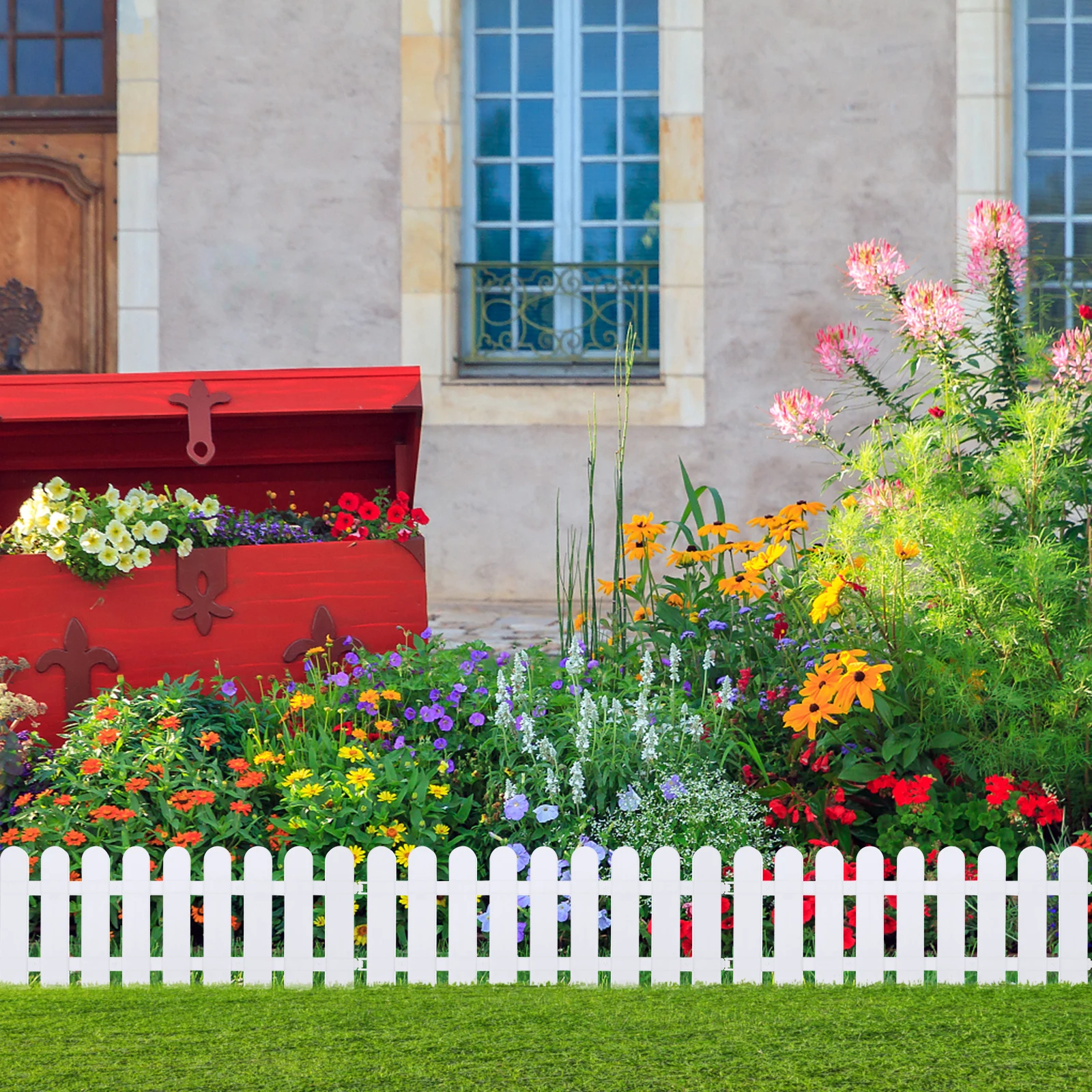 

4pcs White 10ft Garden Picket Fence Decorative Edging Weather Resistant Durable Plastic Guardrail for Flower Bed Path Landscape