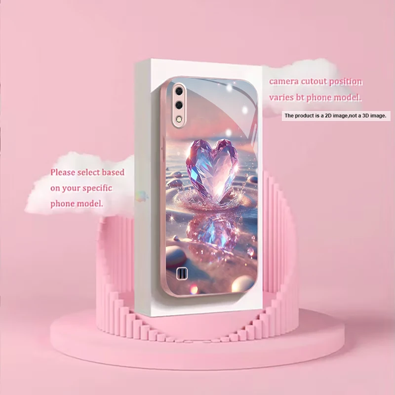 Iridescent Sea Heart Pink Metallic Glass Phone Case For Samsung A20s/A21s/A22/A23/A24/A25/A26/A31/A32/A33/A34/A36/A42/A50 Cover