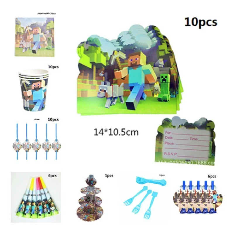 Set Minecrafte Steve Birthday Party Decorations Box Napkins Plates Tablecloth Cups Knives Forks Spoons Kids Tableware Supplies