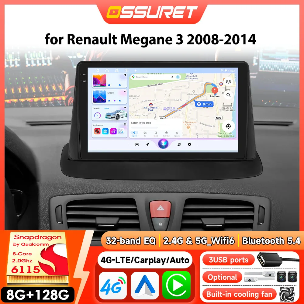 Android Autoradio für Renault Megane 3 2008 - 2014 Kabelloses Carplay Auto Intelligentes GPS WLAN Video mit Snapdragon 6115 Multimedia