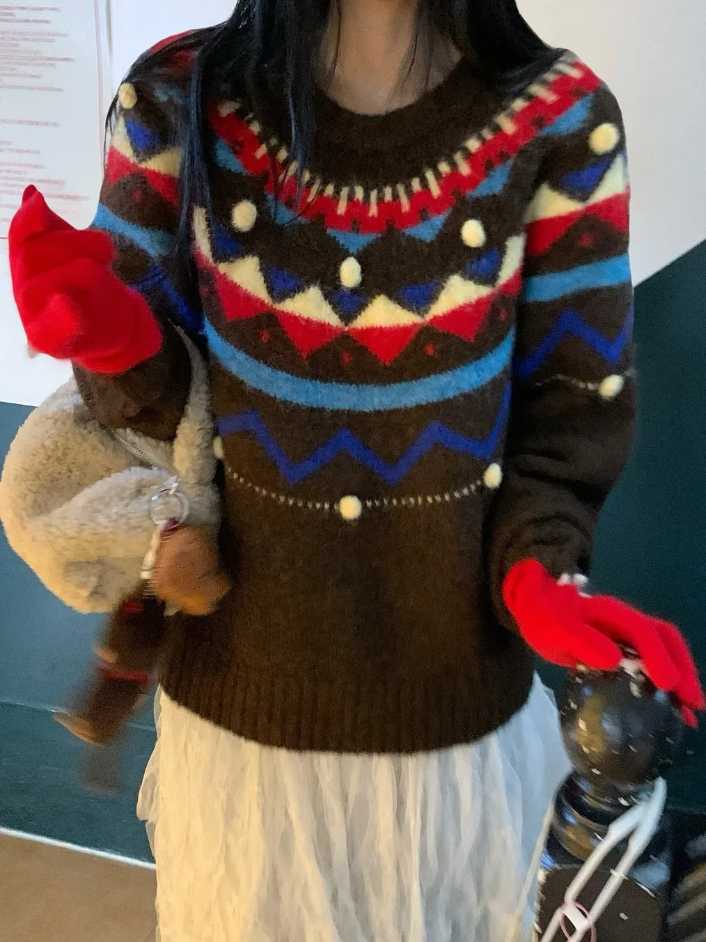 

Korean Sle round Ne Casual Overhead Knitwear Women's Thiened Warm Long Sve Sweater Retro Embroidery Street Sle