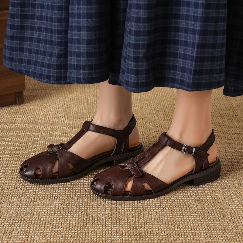 

Women's new summer leather cowhide round toe elastic buckle, thick heel, hollow breathable Roman shoes, fashion sandals