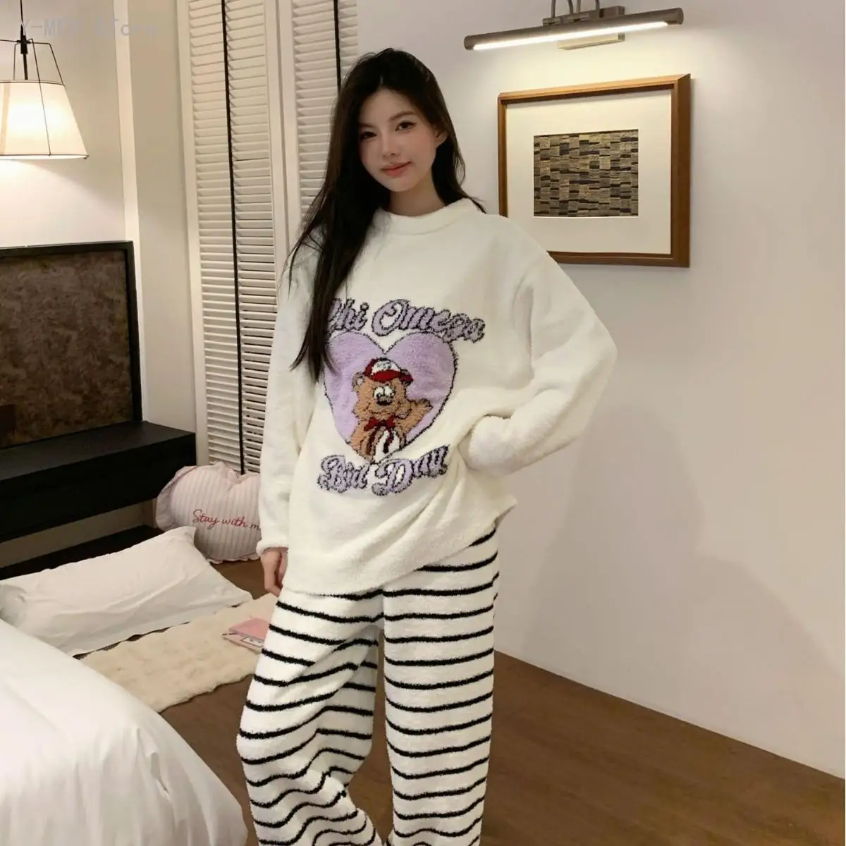 Women Korean Sweet Cartoon Half Sided Fleece Pajama Set Soft Thick Warm Wearable Outside Casual Cozy Loungewear Sleepwear