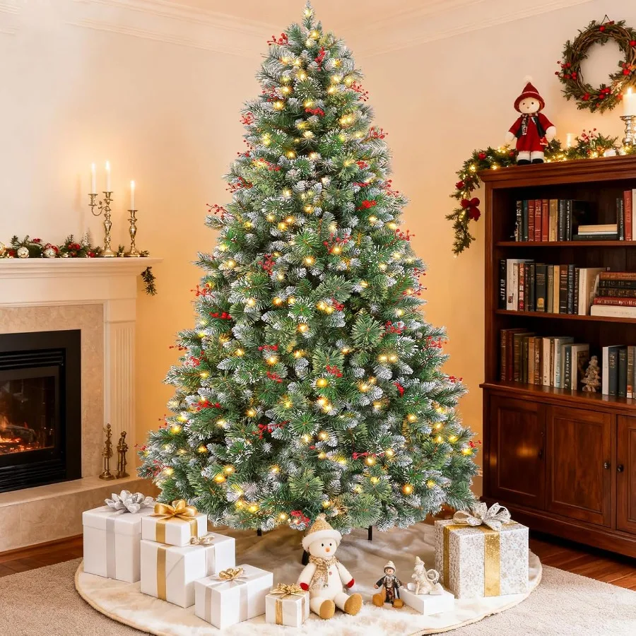 

Рождественская елка со снежным флоком, 7,5 футов, с частично матовым дизайном, акценты с красными ягодами, 350 светодиодов теплого белого цвета, 1372 ПВХ