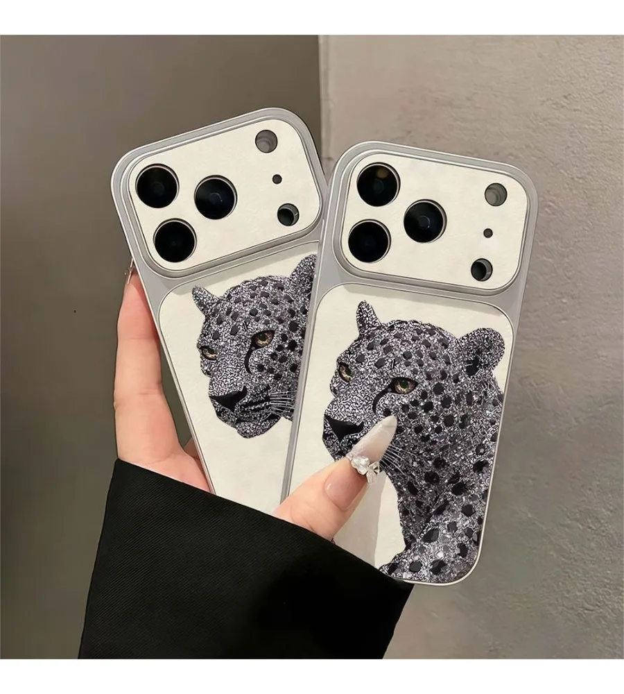 Vintage Sketch Leopard Print Large Camera Window Phone Case For iPhone 13 14 15 16 17 Pro Max Leather Cover