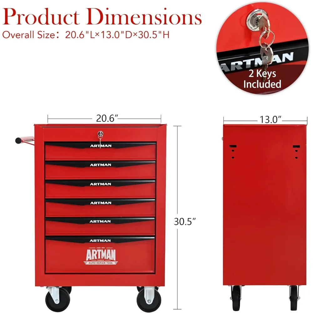 Multifunctionele rollende gereedschapswagen met 6 laden, robuuste trolley-organizer voor gereedschapsopslag in magazijnen