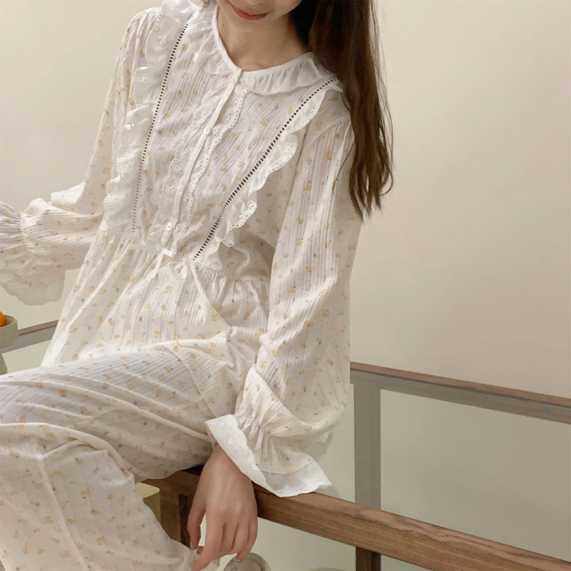 Spring Autumn Trouser Suits Cotton Female Pajamas Set Sweet Print Flower Sleepwear Doll Collar Pyjama Pour Femme Loose Home Wear