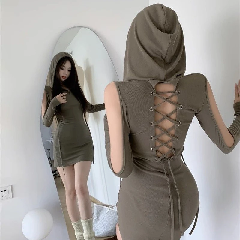 Hooded Long Sleeve Dresses Women Spring Fashion Sexy Bandage Design Y2k Bodycon Mini Vestidos Hotsweet Ulzzang Ladies Attractive
