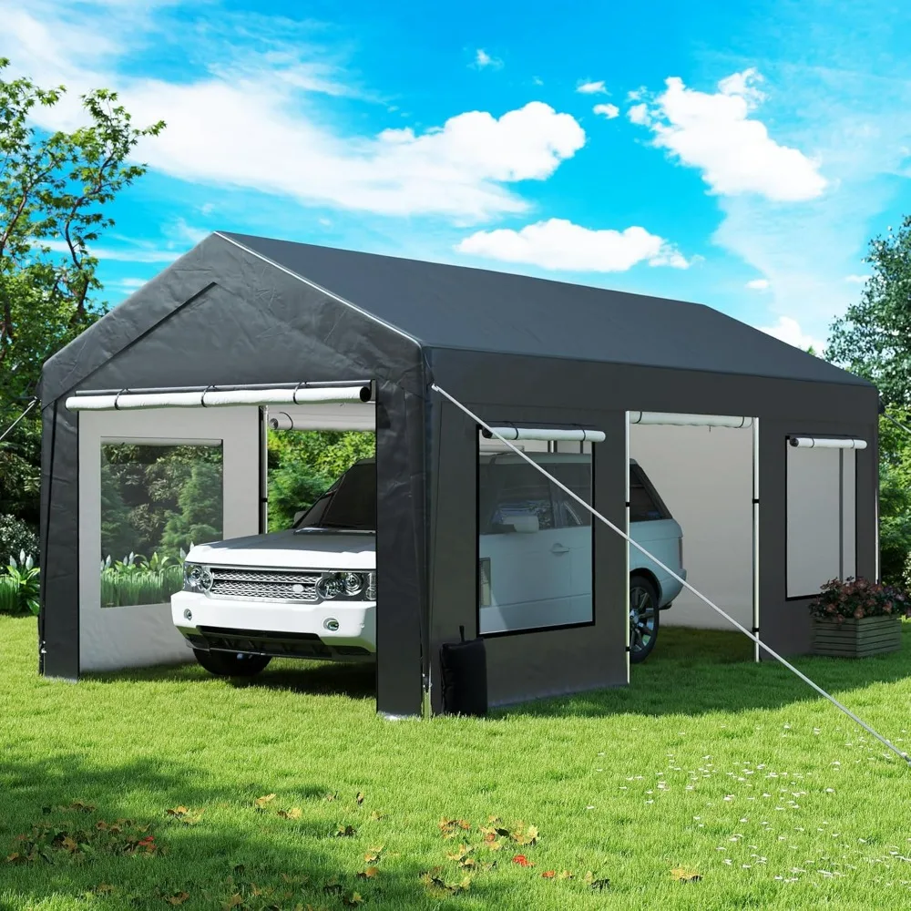 

Upgrade 10' x 20' Heavy Duty Carport, Extra Large Shelter with Roll-up Ventilated Windows & Side Doors, Portable Garage for Car