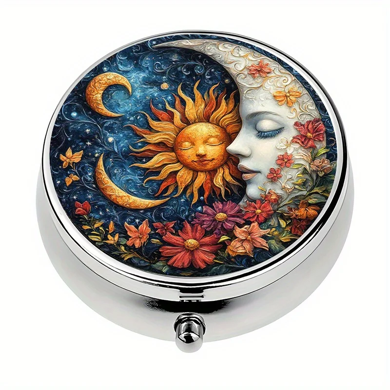 1 pill box with 3 compartments, mini pill container with a sun and moon theme, pill organizer, unique travel gift