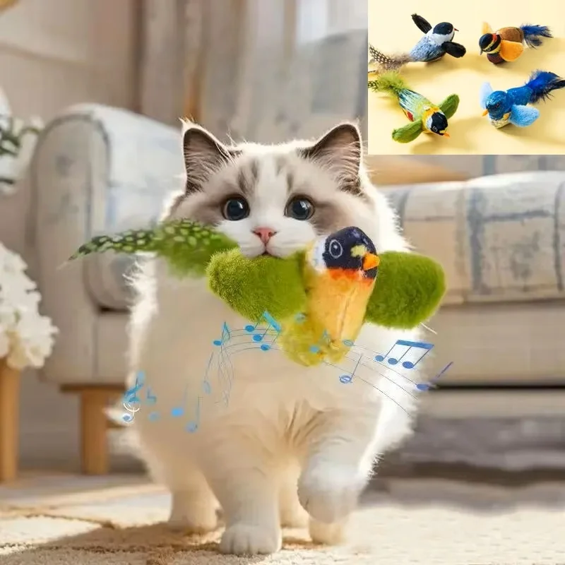 Neues elektrisches interaktives Katzenspielzeug: Simulierter Vogel mit Geräuschen, zum Kauen und Beißen, Plüsch-Katzenzubehör, lustiges kaubares Vogelspielzeug für Katzen