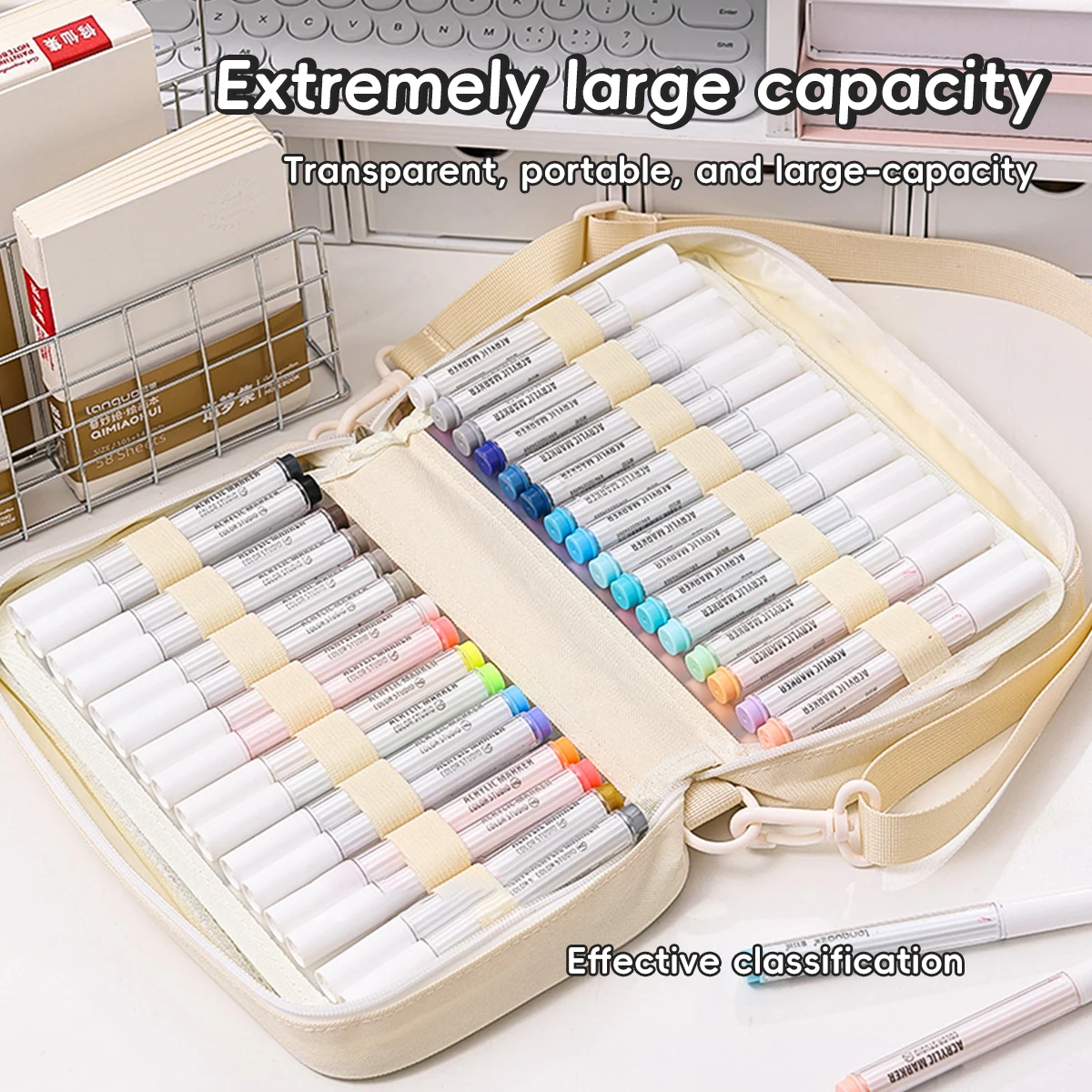 1pcs Marker Pens Specific Storage Bag Pencil Case, Transparent Simple Color Easy Carry-on Handbag, Large Capacity for 64 Pens