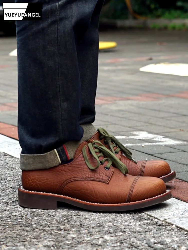 

Vintage Mens Genuine Leather Derby Shoes Office Work Lace Up Business Casual Dress Shoes Male Footwear Handmade Cowskin Shoes