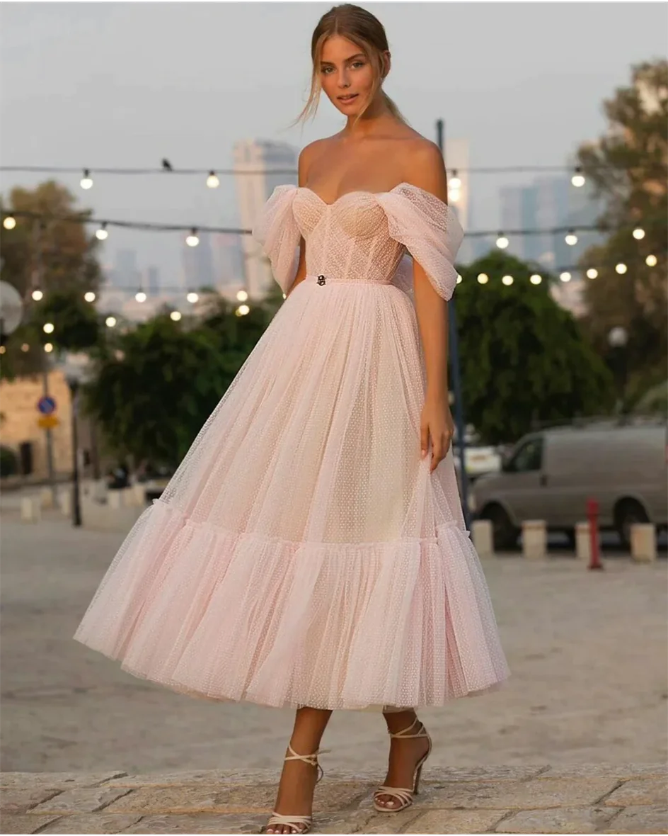 

Shiyicey 2024 Women's Dotted Tulle Prom Dresses Off The Shoulder Tiered Juniors Dress Tea-Length Gorgeous Evening Ball Gowns