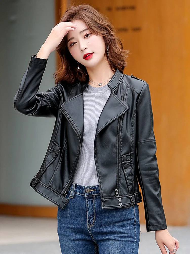 เสื้อแจ็คเก็ตหนังแท้ Haening สำหรับผู้หญิง ทรงสลิมฟิต คอลเลคชั่นฤดูใบไม้ผลิ-ฤดูใบไม้ร่วง ปี 2025 สีดำ ไซส์ใหญ่ เสื้อโค้ทหนังแกะ เสื้อคลุมผู้หญิง