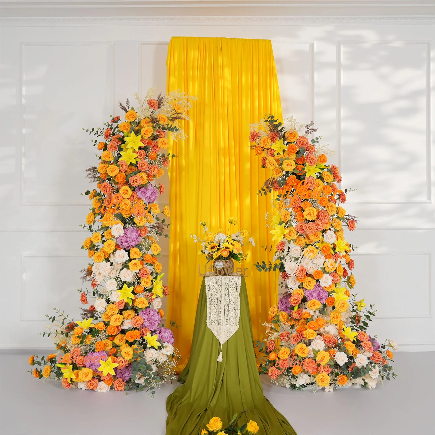 

Uflower Colourful Rose Horn Frame Arch Wedding Backdrop Flower Row Decor Floor Floral Arrangement Birthday Party Display Props