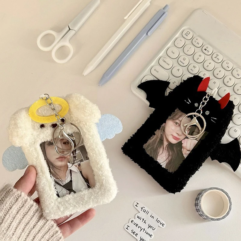 Soft Plush Cartoon Photocard Holder Animal Series 3 Inch Kpop Photo Card Holder Angels And Demons Bag Pendant School Stationery