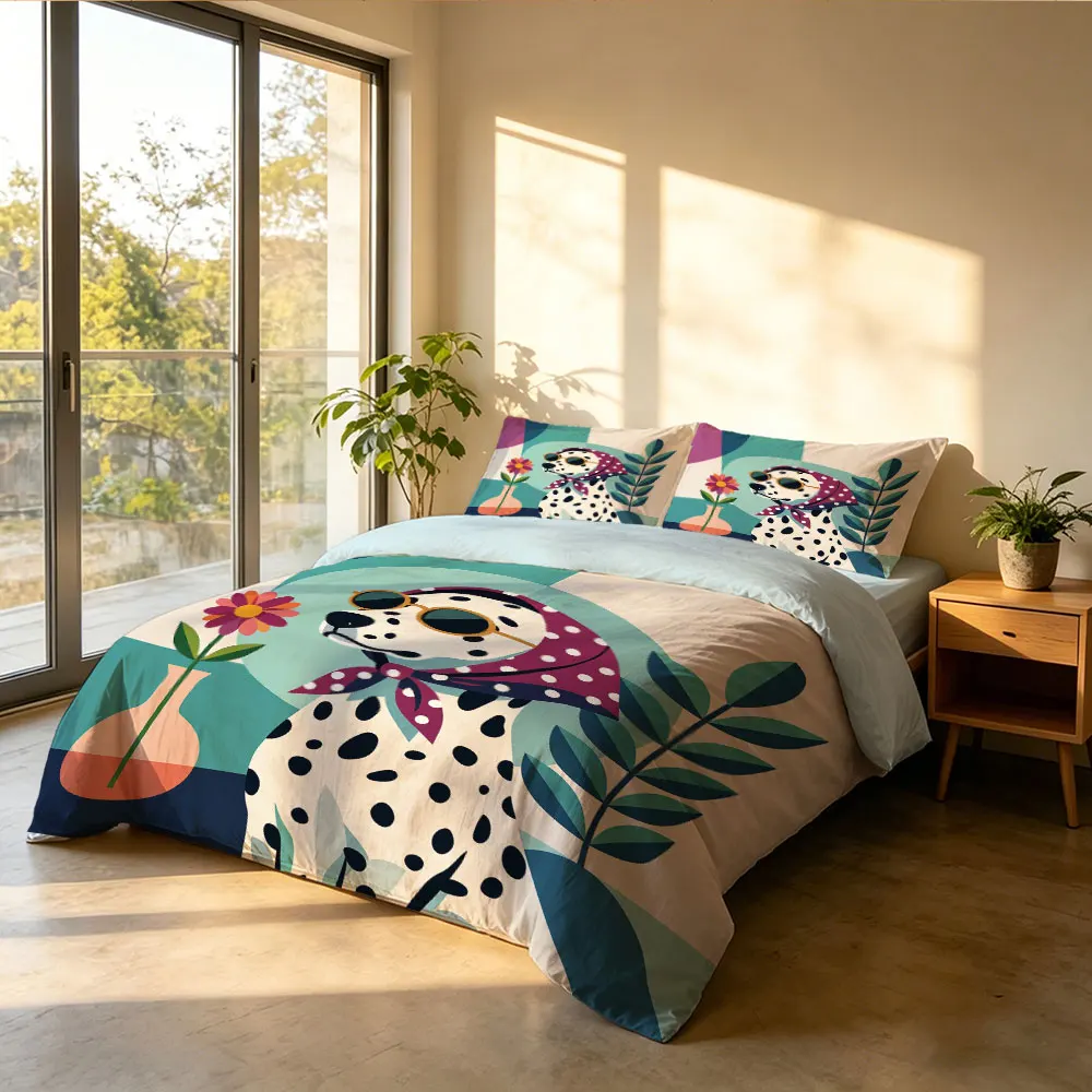 3PCS Modern Cartoon Dog Print Duvet Cover Set Coreless1 Duvet Cover, 2 Pillowcases, Bedroom Bedding, Machine Washable Decoration
