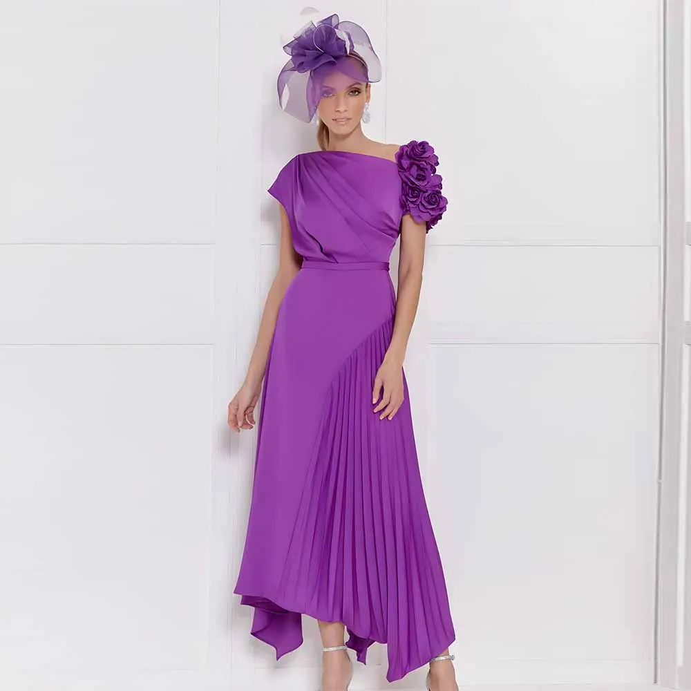 

Detail Groom's Mother Dresses 2025 Satin A-line Cocktail Party Dress Purple Off-the-shoulder Applique Ruched Guest Woman Dresses