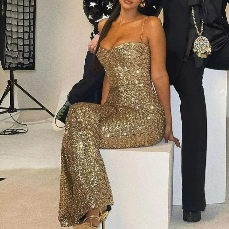 Tuta da donna con bretelle con paillettes Hot Heavy Industry Sparkling Gold Fashion Ladies Party Banquet Outfit a vita alta dritto
