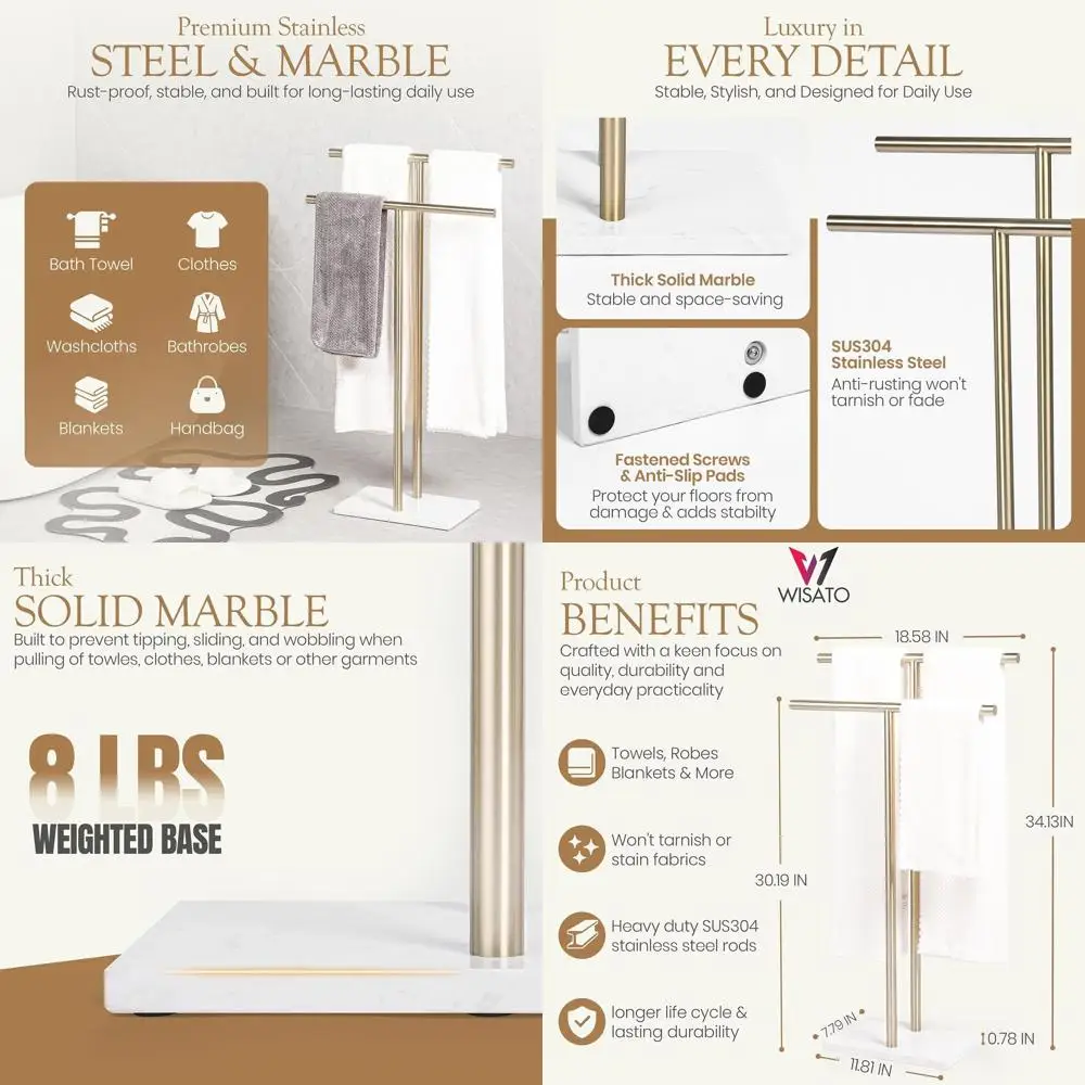 

2-Tier Satin Gold Stainless Steel Towel Rack with Marble Base for Bathroom