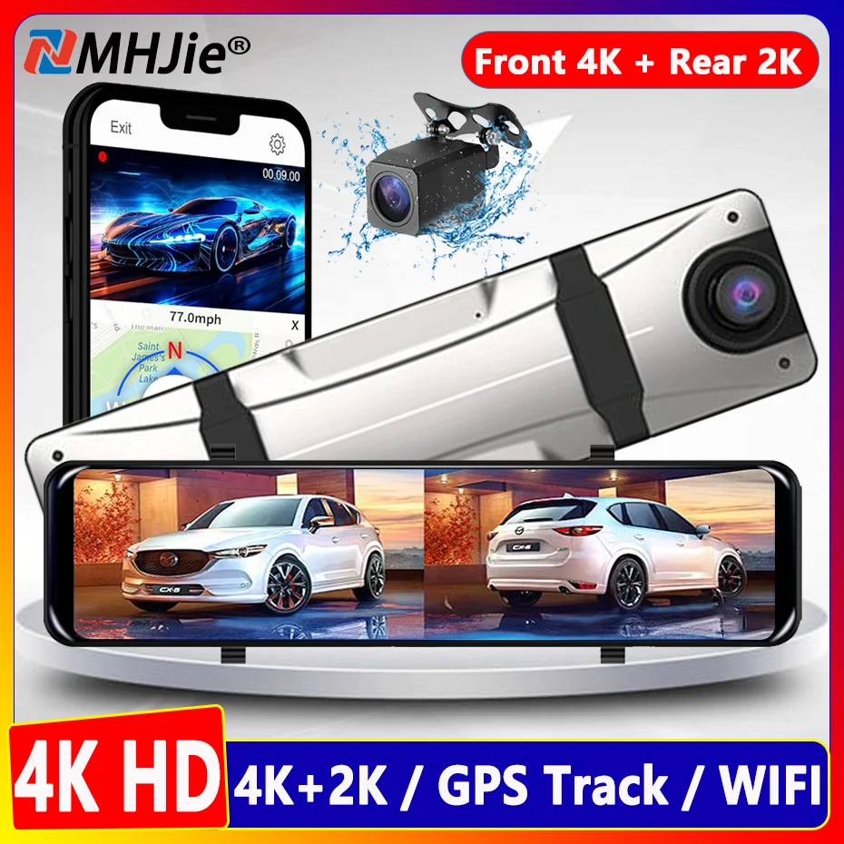 4K+2K 12 Inch WIFI Rear View Mirror Dash Cam Camera 3840*2160P Car Dvr GPS Tracker Video Recording Super Night Vision Dual Lens