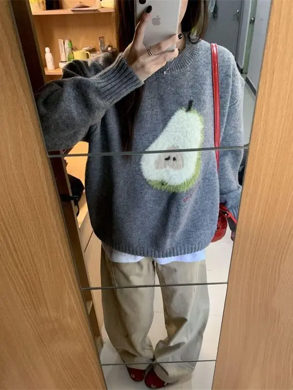 Koreanische Sle Weiche College Süße Sle runde Ne Cartoon Stickerei frauen Gestrickte Pullover Winter Faul Sle Warme Strickwaren