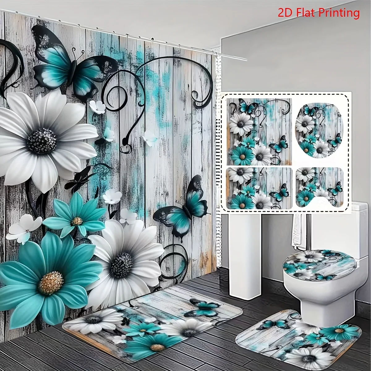 

1or4 Piece Teal and White Floral Butterfly Shower Curtain Set - Modern Bathroom Decor - Washable Fabric Curtain - Rugs and Cover