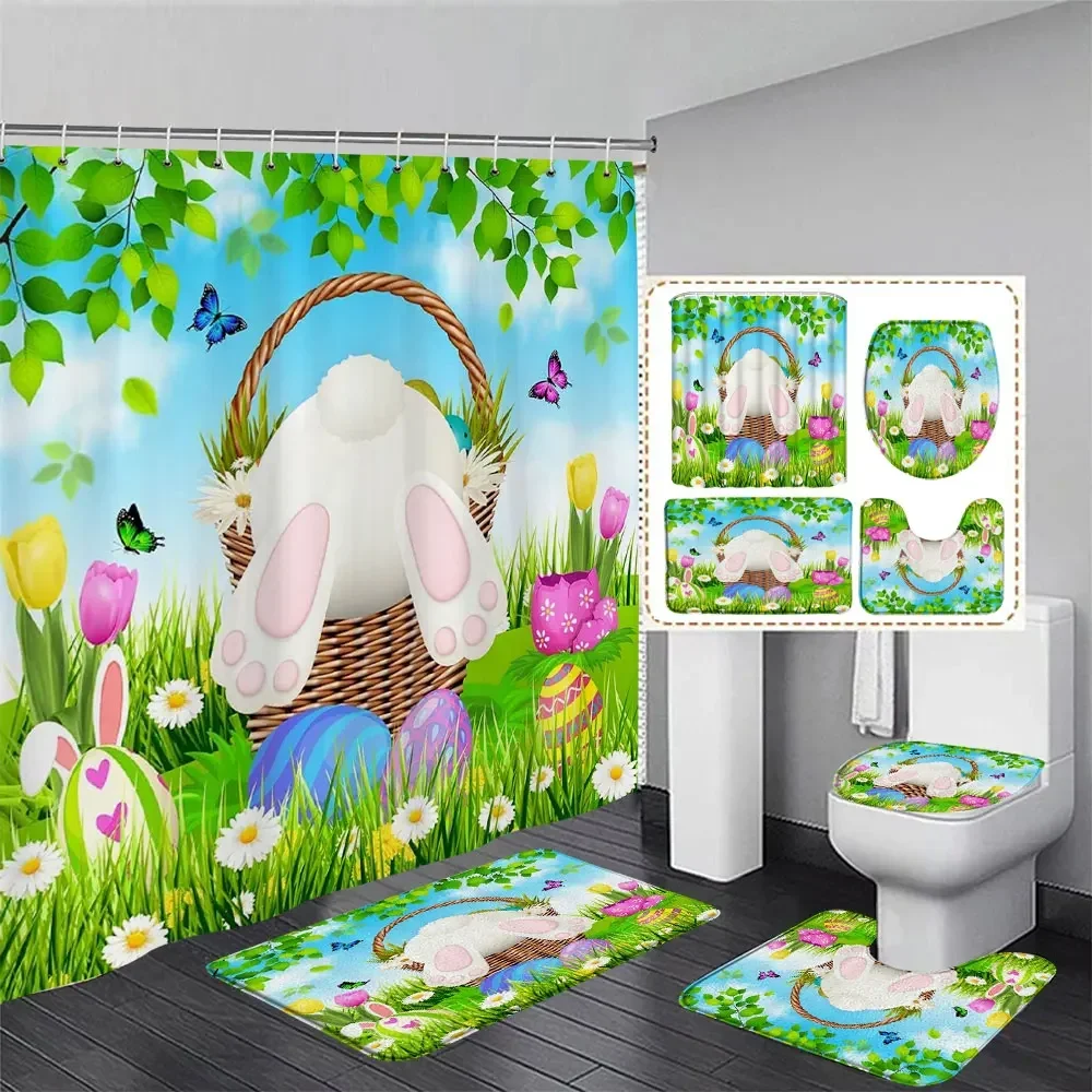 Easter Fun Bathroom Shower Curtain and Rug Set Happy Bunny Eggs Botanical Floral Washable Shower Curtain Bath Mat Bathroom Decor