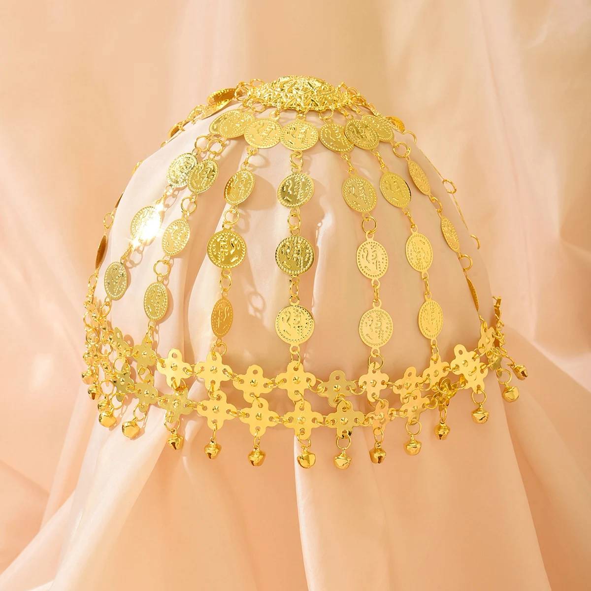 

Middle Eastern Retro Ethnic Gold Multi-Layer Sequin Bell Tassel Head Chain,Lightweight Unique Headpiece For Stage&Dance Parties
