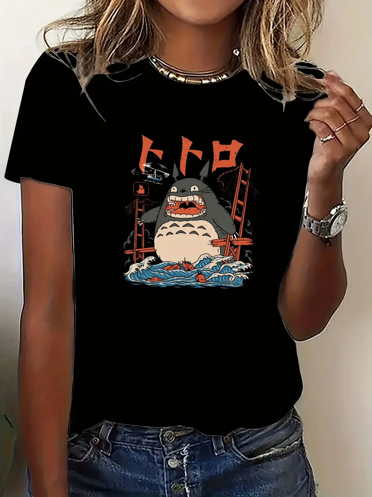 Hayao Miyazaki Anime Series Totoro Printed Men's and Women's Casual Loose Round Neck Short Sleeves Harajuku Anime Tshirt image 6