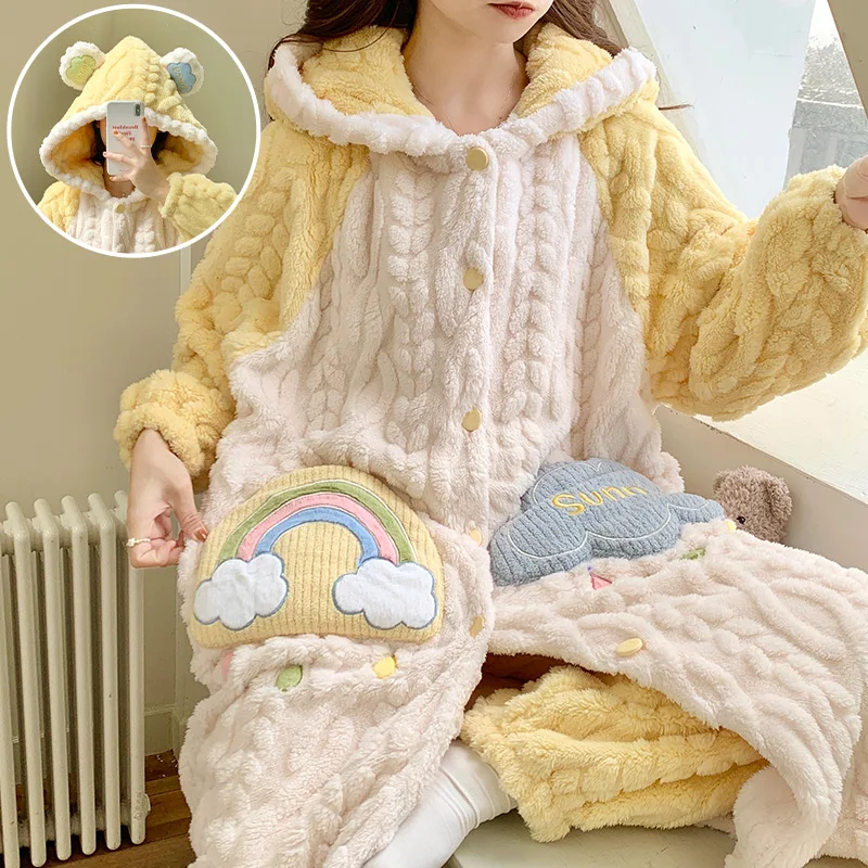 Winter Coral Fleece Warm Sleepwear Women's Pajamas With Pants Nightgown Kawaii Casual Hooded Homewear Robe Plush Bathrobe Sets