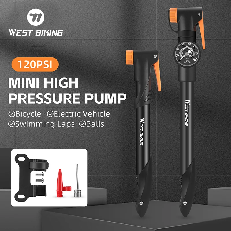 WEST BIKING Portable Bicycle Pump Mini High Pressure Gauge 120PSI Manual Inflator Electric  Balls MTB Road Schrader Presta Valve