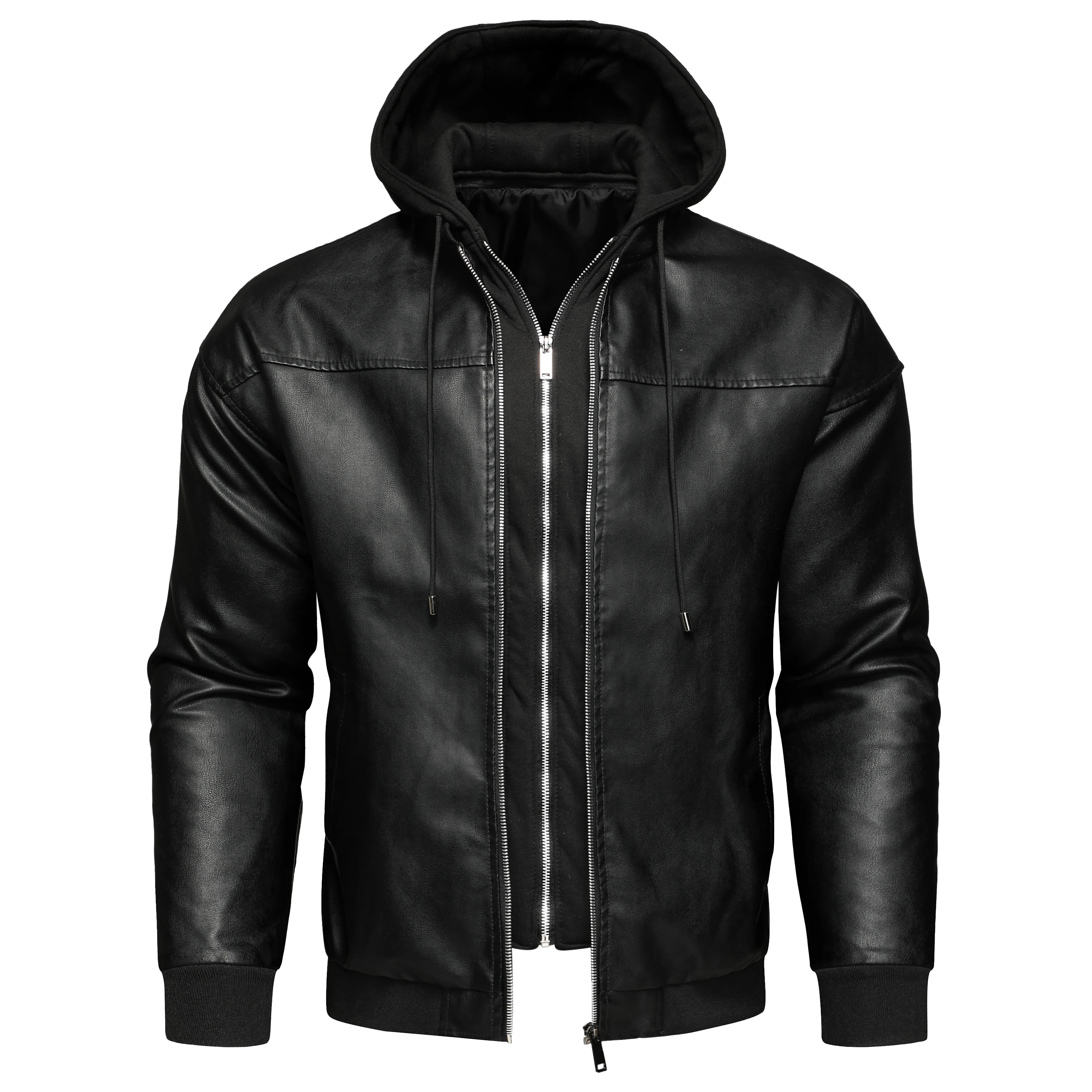 

Men's hooded PU leather biker jacket youth fake two jackets