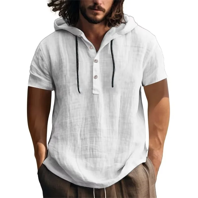 Casual Hood T Shirt Short Sleeve Cotton Linen Blouse Tee Tops Men Holiday Summer Beach Solid Plain Tunic Loose Hoodie Shirt