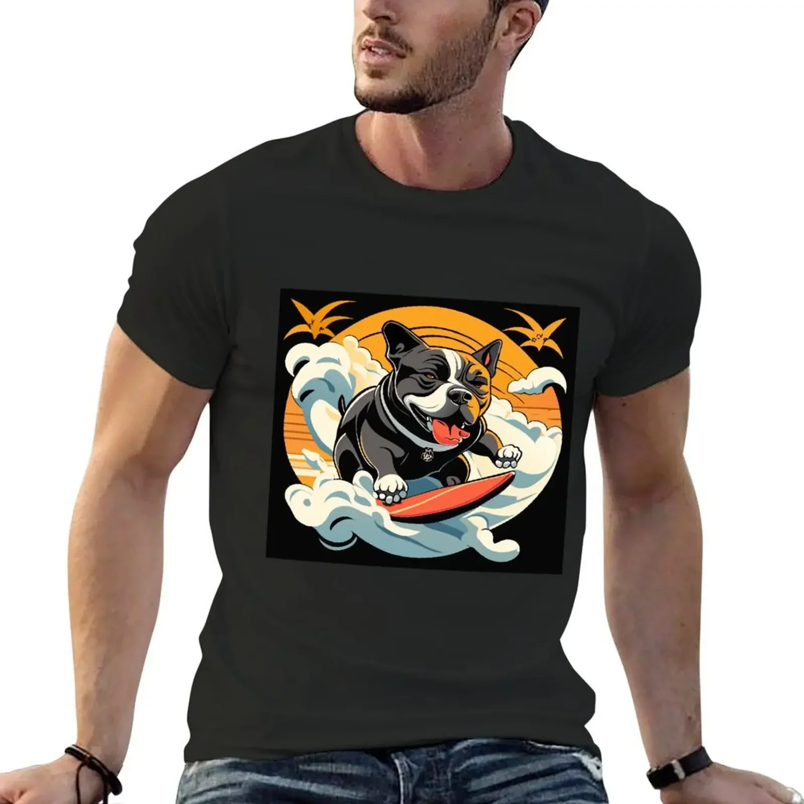 

Surfing Pitbull T-Shirt Short sleeve tee graphic t shirt vintage tops mens t shirts top quality