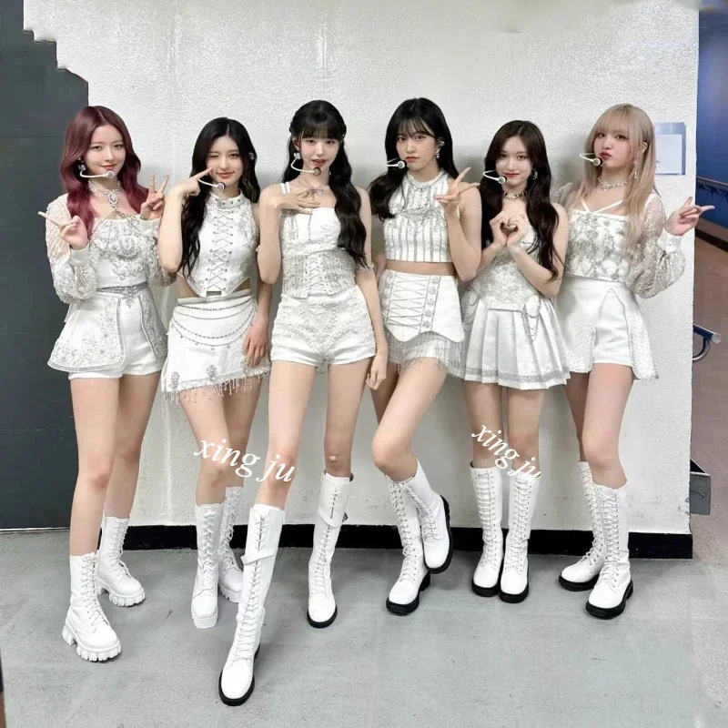 Kpop Koreanische Sänger Konzert Outfit Gruppe Leistung Tragen Jazz Dance Straße Kleidung Frauen Party Weiß Crop Tops Bühne Dünnes Kleid