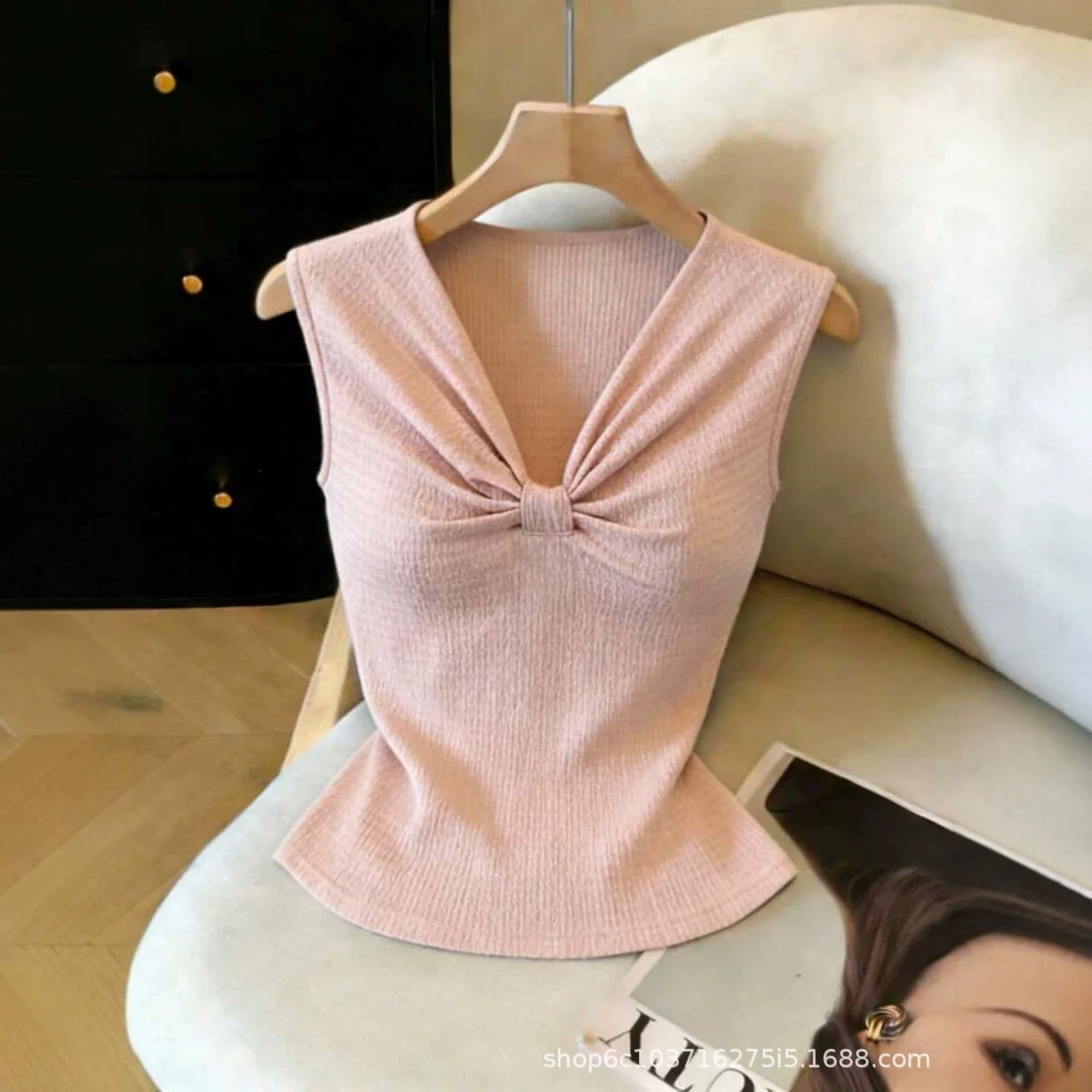 2026 Summer Women's Pink V-knot Sleeveless Top Ribbed Slim Fit Tank Top Summer Maxi Dress Y2k、 Outfits Bandage Sexy